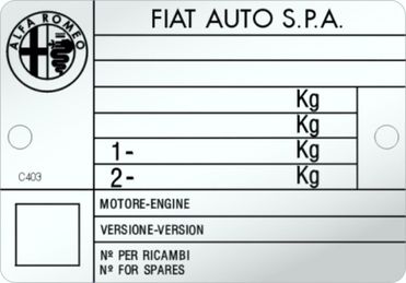 ALFA ROMEO - FIAT AUTO S.P.A. výrobný štítok