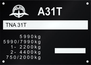 AVIA A31 T výrobný štítok nižšý hmotnosť