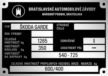 BAZ Škoda GARDE výrobný štítok