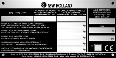 New Holland 2 výrobný štítok