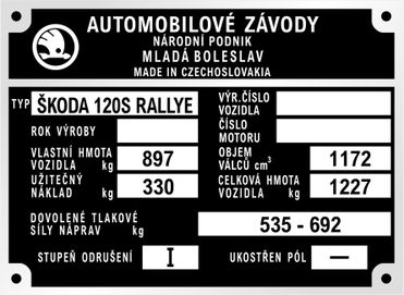 Škoda 120 S rallye výrobný štítok