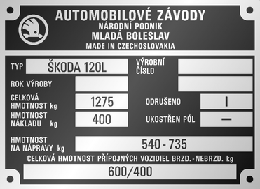 Škoda 120L 2 verzia výrobný štítok