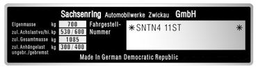 Trabant Sachsenring výrobný štítok
